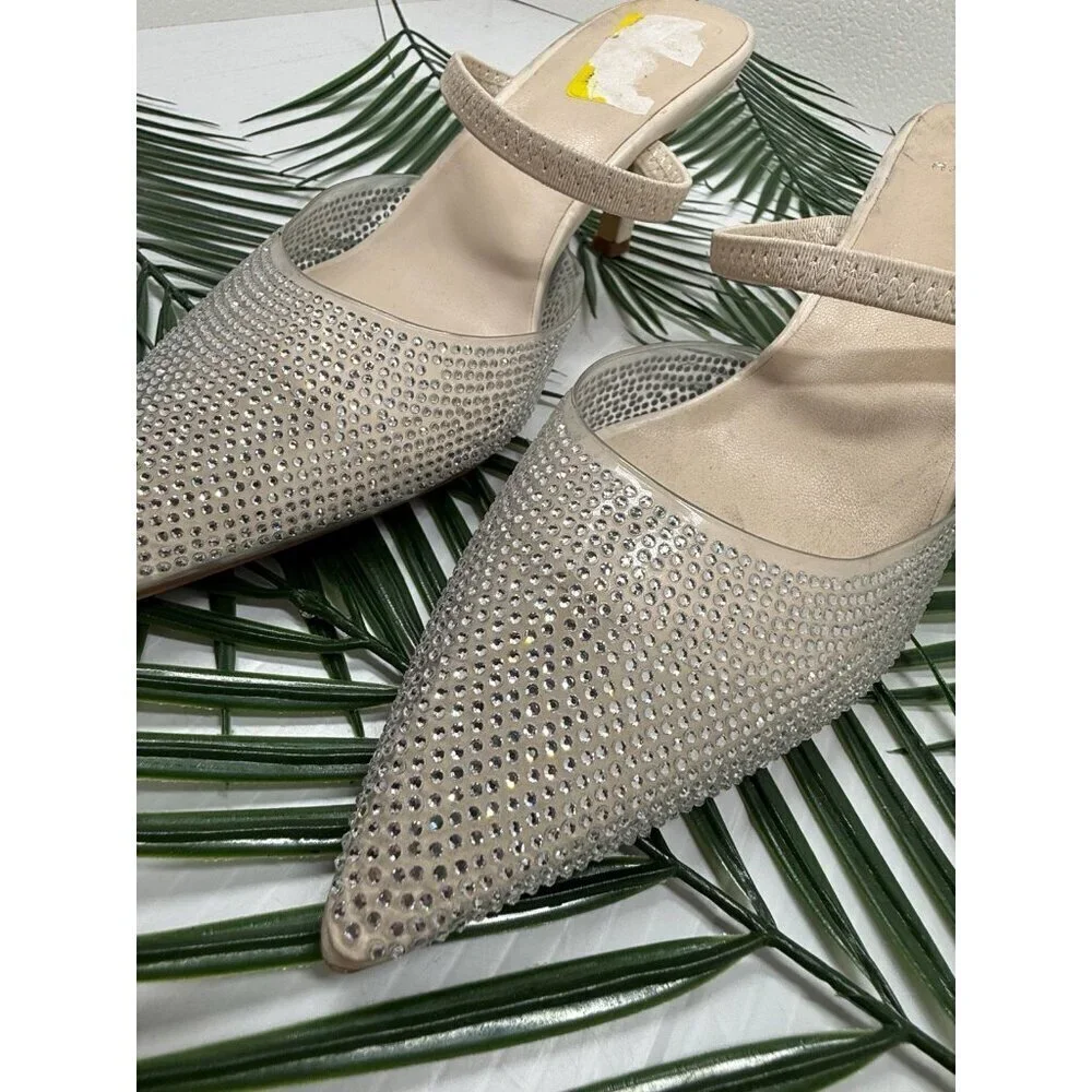 Halston Women's Gray Leather Yasmine Embellished Evening Pointed Toe Mules Sz 7